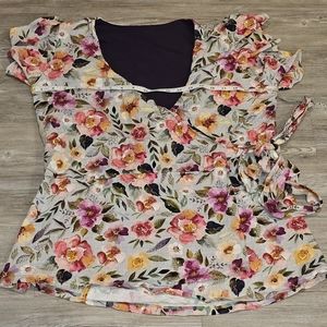 Womens Custom Made Floral Wrap Shirt Great For Nursing Fits Size XL Adjustable